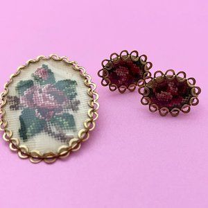 Vintage PETIT POINT BROOCH & Screw Back Earrings, Hand Embroidered Brooch, Roses